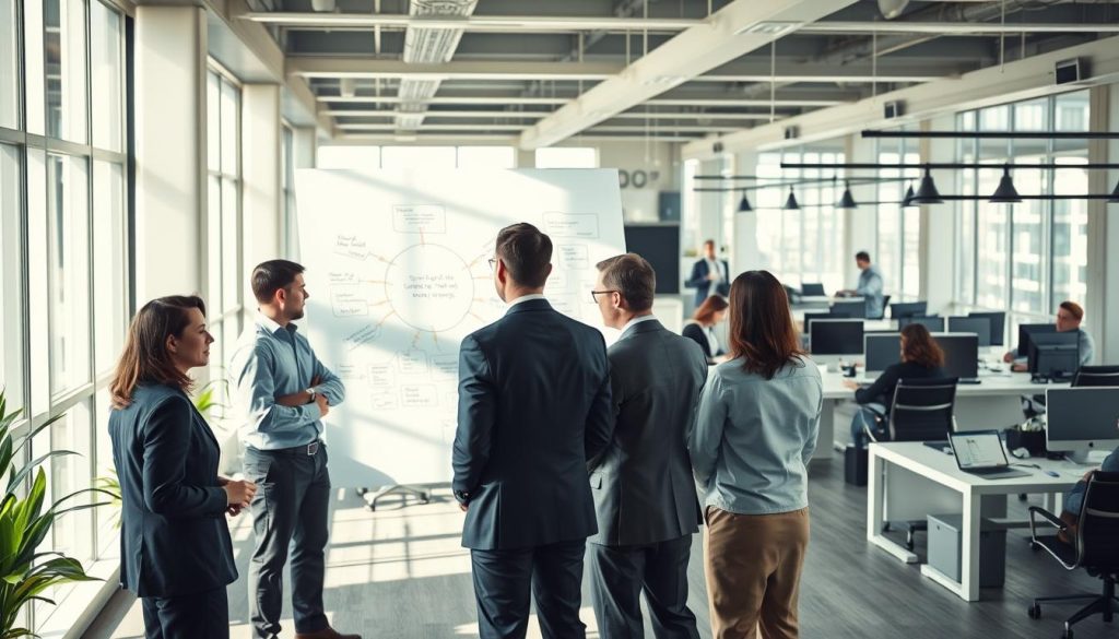 A bustling corporate office, illuminated by natural light streaming through floor-to-ceiling windows. In the foreground, a group of executives engaged in a lively discussion, their body language conveying confidence and camaraderie. In the middle ground, a large whiteboard displays a mind map of strategies and KPIs, while a team of professionals collaborates intensely. In the background, an open-concept workspace, with employees working intently at their desks, surrounded by modern, minimalist decor. The scene exudes a sense of purpose, innovation, and effective leadership guiding the team towards their entrepreneurial goals.