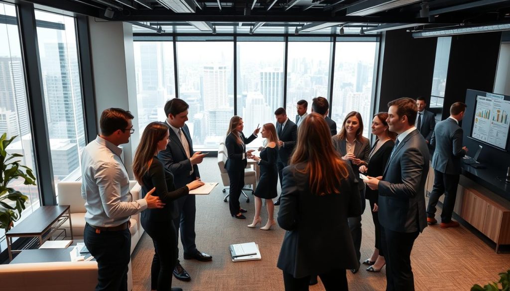 A bustling modern office setting with professionals engaged in lively discussion and collaboration. In the foreground, a group of well-dressed individuals are shaking hands, exchanging business cards, and animatedly conversing, conveying an atmosphere of productive networking. The middle ground features people gathered around a central table, laptops open and papers spread out, deep in conversation. In the background, the office space is filled with sleek, minimalist furniture, floor-to-ceiling windows allowing natural light to stream in, and a view of a dynamic cityscape outside. The overall mood is one of professionalism, energy, and the pursuit of career advancement through meaningful connections.
