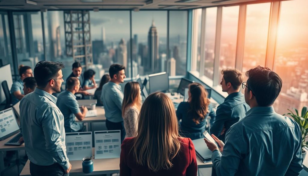 A bustling office environment, filled with a sense of purpose and determination. In the foreground, a group of professionals engaged in a lively discussion, their body language exuding confidence and leadership. In the middle ground, a clear organizational chart highlights the various roles and responsibilities, symbolizing the structure that supports growth. The background showcases a panoramic view of a thriving city skyline, representing the broader context in which the organization operates. Soft, warm lighting illuminates the scene, casting a glow of success and optimism. The atmosphere is one of collaboration, innovation, and a shared vision for the future. A bustling office environment, filled with a sense of purpose and determination. In the foreground, a group of professionals engaged in a lively discussion, their body language exuding confidence and leadership. In the middle ground, a clear organizational chart highlights the various roles and responsibilities, symbolizing the structure that supports growth. The background showcases a panoramic view of a thriving city skyline, representing the broader context in which the organization operates. Soft, warm lighting illuminates the scene, casting a glow of success and optimism. The atmosphere is one of collaboration, innovation, and a shared vision for the future.