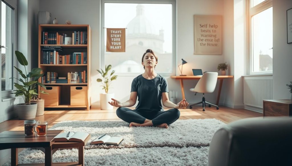 A cozy morning scene of a person practicing self-improvement habits. In the foreground, a person sits cross-legged on a plush rug, eyes closed in meditation. Nearby, a journal, pen, and a glass of tea or coffee rest on a wooden side table. Soft, natural lighting filters in through large windows, casting a warm glow. In the middle ground, a bookshelf filled with self-help volumes and motivational quotes stands tall. The background depicts a peaceful, minimalist home office, with a desk, a plant, and a motivational wall hanging. The overall mood is serene, focused, and conducive to personal growth.