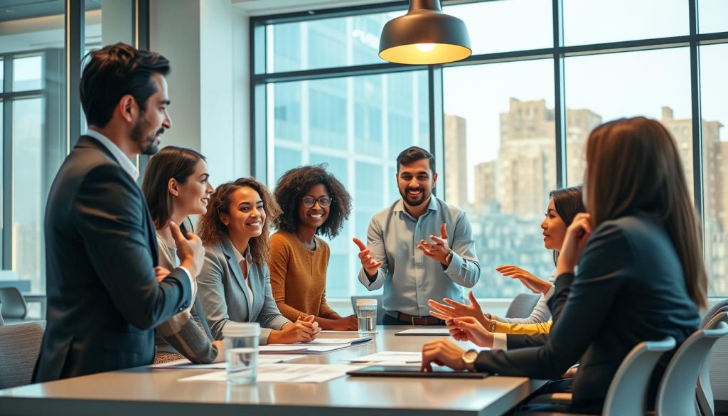 A dynamic and collaborative team of diverse professionals, strategizing and communicating effectively under the guidance of a poised, attentive leader. The scene is set in a modern, well-lit office space, with large windows casting a warm glow. The leader, standing at the head of the conference table, maintains eye contact and gestures purposefully, inspiring trust and confidence. The team members, engaged and attentive, contribute ideas and offer feedback, their expressions reflecting a shared sense of purpose. The overall atmosphere conveys a harmonious, productive work environment where effective leadership skills foster a high-performing team.