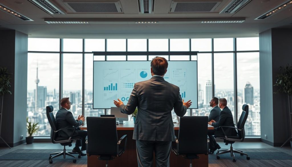 A dynamic, well-lit office interior with a prominent desk and chair arrangement, symbolizing the command center of organizational success. In the foreground, a leader in a tailored suit stands confidently, hands gesturing as they address a team of professionals engaged in thoughtful discussion. The middle ground features a large interactive whiteboard displaying charts, graphs, and strategic plans. The background showcases floor-to-ceiling windows, providing a panoramic view of a thriving cityscape, conveying a sense of growth, opportunity, and progress. The overall scene radiates an atmosphere of purposeful collaboration, strategic planning, and a shared drive towards organizational excellence. A dynamic, well-lit office interior with a prominent desk and chair arrangement, symbolizing the command center of organizational success. In the foreground, a leader in a tailored suit stands confidently, hands gesturing as they address a team of professionals engaged in thoughtful discussion. The middle ground features a large interactive whiteboard displaying charts, graphs, and strategic plans. The background showcases floor-to-ceiling windows, providing a panoramic view of a thriving cityscape, conveying a sense of growth, opportunity, and progress. The overall scene radiates an atmosphere of purposeful collaboration, strategic planning, and a shared drive towards organizational excellence.