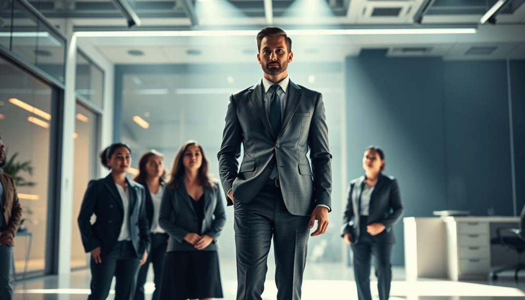 A dynamic, well-lit scene depicting the core leadership skills for entrepreneurs: Confidence and determination emanate from the central figure, a poised entrepreneur in a crisp suit, standing tall and resolute. In the middle ground, subordinate team members look to this leader for guidance, their faces alight with purpose. In the background, a sleek, futuristic office space or startup workspace provides an aspirational setting, conveying a sense of innovation and growth. Dramatic lighting casts strong shadows, emphasizing the leader's authority and decisive nature. The overall composition should evoke a mood of ambition, professionalism, and entrepreneurial spirit.