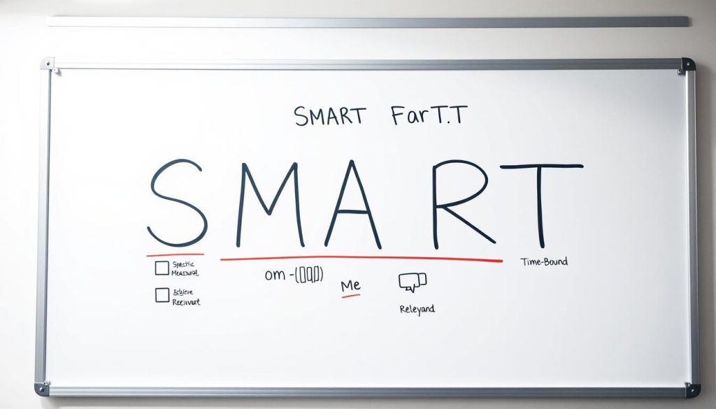 A neatly organized whiteboard displaying the SMART goal setting framework. The foreground features the SMART acronym - Specific, Measurable, Achievable, Relevant, and Time-Bound - written in bold, clean typography. The middle ground showcases various graphical elements such as checkboxes, progress bars, and icons that visually represent the key components of the SMART approach. The background has a subtle, minimalist grid pattern that adds structure and depth, creating a professional, business-oriented atmosphere. The lighting is soft and directional, highlighting the whiteboard surface and giving the scene a sense of clarity and focus. The camera angle is slightly elevated, providing a balanced, eye-level perspective that conveys a sense of authority and expertise.