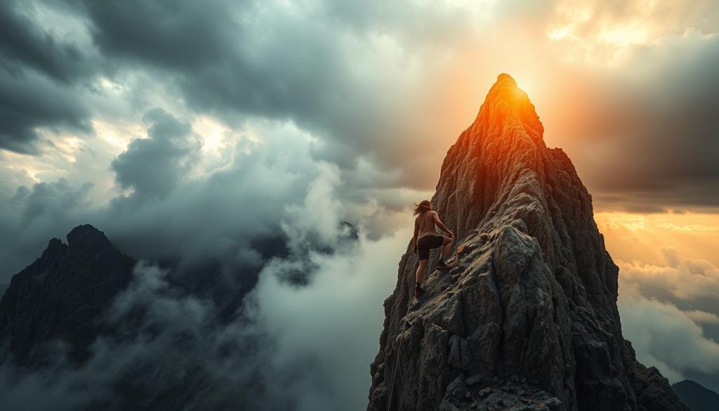 A person overcoming a towering rocky mountain peak, illuminated by a warm golden light filtering through dramatic storm clouds. In the foreground, the determined climber clings to the sheer cliff face, muscles straining as they push upwards. The jagged rocks and treacherous terrain represent the obstacles they must overcome. In the middle ground, swirling mist obscures parts of the mountain, symbolizing the uncertainty and challenges they face. The background is a vast, brooding sky, hinting at the sense of triumph and accomplishment that awaits at the summit. The scene conveys a tone of perseverance, hard-won victory, and the empowering feeling of surmounting life's difficulties.