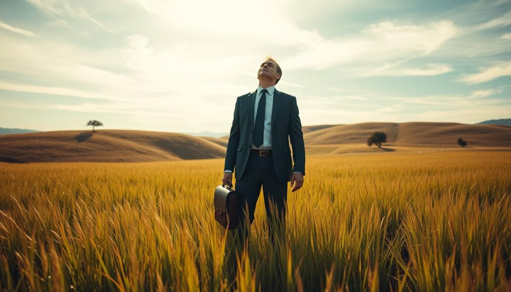 A person standing in a field of tall grass, gazing up at the sky with a look of determination and focus. The foreground features the person, wearing a business suit and tie, with a briefcase in hand, symbolizing their professional goals. The middle ground shows rolling hills and a few scattered trees, creating a sense of depth and open space. The background features a bright, sun-filled sky with wispy clouds, conveying a sense of optimism and possibility. The lighting is warm and natural, casting a soft glow on the scene. The overall composition and mood evoke a feeling of achieving personal and professional aspirations with ease and clarity.