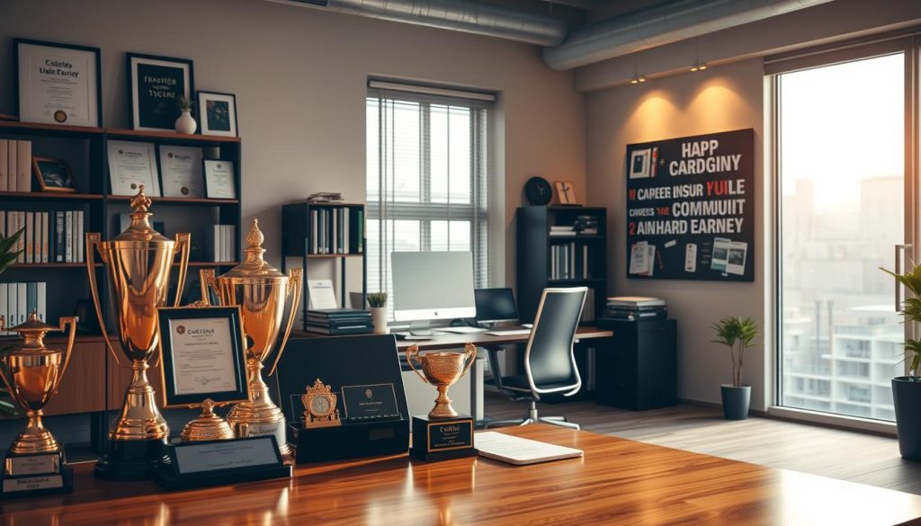 A picturesque office setting, bathed in soft, warm lighting from a large window. In the foreground, a desktop adorned with trophies, certificates, and framed achievements - visual markers of career milestones. In the middle ground, a modern, ergonomic workspace with a sleek computer setup and a well-organized desk. In the background, a bookshelf filled with relevant industry publications and a inspirational wall display showcasing the career journey. The scene conveys a sense of professionalism, dedication, and a cumulative record of hard-earned success.