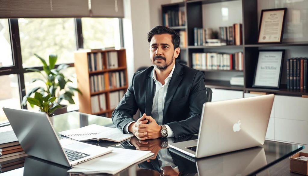 A professional executive sitting at a glass desk, contemplating career development. The office is well-lit with natural light filtering through large windows, casting a warm glow. The desk is cluttered with files, a laptop, and a potted plant, reflecting the busy nature of their work. In the background, a bookshelf filled with industry-relevant books and a framed diploma hint at the individual's expertise and dedication to their field. The executive's expression is one of deep thought, as they consider their next steps in their career journey.