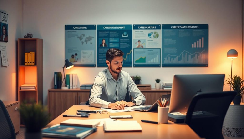 A professional office setting with a focused employee working at a desk, surrounded by various career development tools and resources. Soft, warm lighting illuminates the scene, creating a productive and motivating atmosphere. In the background, a wall display showcases different career paths and growth opportunities. The overall composition conveys a sense of intentionality, progress, and the potential for personal and professional advancement.