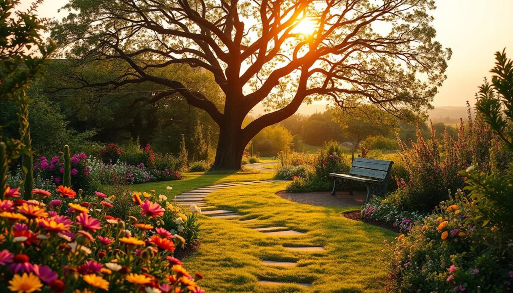 A serene and lush garden in golden hour light, with a winding path leading to a thriving tree in the center, its branches reaching upwards and outward in a gesture of growth and possibility. The foreground is filled with a diverse array of blooming flowers, their petals catching the warm glow of the setting sun. In the middle ground, a weathered stone bench invites reflection, while the background is a soft, hazy horizon, suggesting a sense of openness and potential. The overall atmosphere evokes a feeling of tranquility, optimism, and the steady, organic process of personal development.