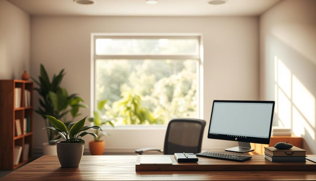 A serene and minimalist office space, bathed in warm, natural lighting. In the foreground, a wooden desk with a potted plant, a neatly organized workspace, and a laptop displaying a simple, elegant interface. In the middle ground, a large window offers a tranquil view of a lush, verdant garden. The background is a neutral, calming palette of soft grays and whites, creating a sense of harmony and focus. The overall atmosphere exudes a spirit of professionalism, productivity, and a deep respect for the principles of excellence in business.