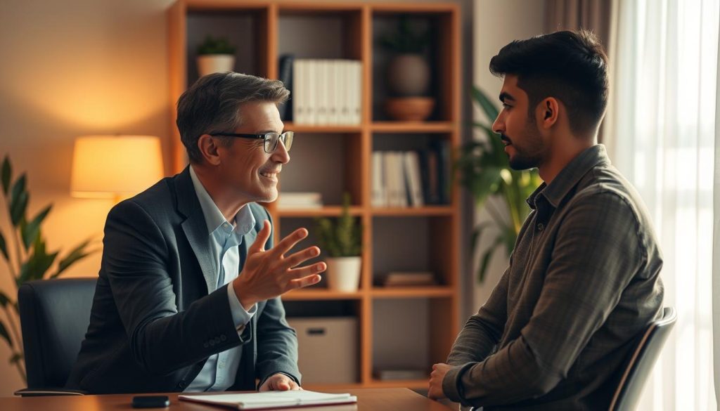 A serene office setting with a business coach guiding a promising young leader. Warm, soft lighting illuminates the scene, creating a sense of trust and openness. The coach leans forward, making eye contact and gesturing animatedly, their expression one of engaged attentiveness. The leader, sitting across from the coach, leans in, their body language conveying a receptive, thoughtful stance. Behind them, a bookshelf and potted plants suggest a nurturing, professional environment conducive to meaningful dialogue and self-reflection. The overall atmosphere evokes a collaborative, empowering dynamic between the two figures, symbolizing the transformative potential of effective leadership coaching.