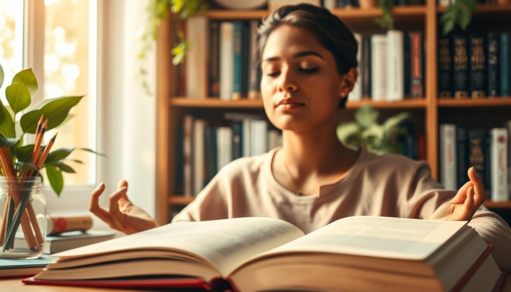 A serene study space with an open book, pencils, and a thoughtful expression on the face of a person meditating. Soft, warm lighting illuminates the scene, creating a contemplative atmosphere. The background features a bookshelf with volumes on personal growth and cognitive development. Hints of greenery and natural elements suggest a harmonious, tranquil environment conducive to self-reflection and intellectual exploration. The overall composition conveys a sense of focus, introspection, and the pursuit of mental well-being.