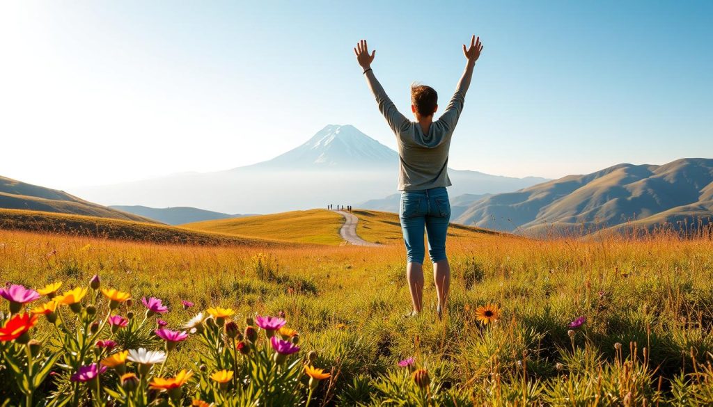 A serene, sun-dappled meadow, with rolling hills in the distance. In the foreground, a person stands tall, arms raised in a victorious pose, their expression filled with determination and pride. Surrounding them, vibrant wildflowers sway in a gentle breeze, casting soft shadows across the scene. The lighting is warm and natural, creating a sense of optimism and achievement. In the middle ground, a winding path leads towards a towering, snow-capped mountain, symbolizing the challenges overcome on the journey to success. The atmosphere is one of tranquility and triumph, inspiring the viewer to embrace their own path to greatness.