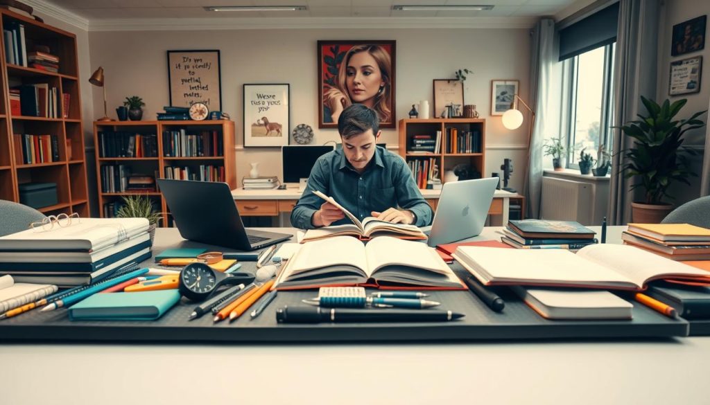A serene, well-lit office setting, with a large desk in the foreground showcasing an array of diverse tools and resources. In the middle ground, a person engrossed in an engaging learning activity, surrounded by open books, laptops, and other educational materials. The background depicts a tastefully decorated space with bookshelves, motivational wall art, and a large window, bathing the scene in a warm, natural light. The overall atmosphere conveys a sense of focused productivity, intellectual growth, and a commitment to lifelong learning and skills development.