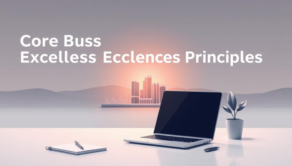 A sophisticated, minimalist illustration of the core business excellence principles. In the foreground, a sleek, modern office desk with a laptop, pen, and a few carefully placed objects symbolizing the key principles - collaboration, innovation, sustainability, and continuous improvement. The middle ground features a stylized, low-poly 3D representation of a corporate building or organization, bathed in warm, directional lighting that casts subtle shadows. The background is a muted, gradient-based landscape, suggesting a sense of scale, depth, and aspirational growth. The overall mood is one of professionalism, clarity, and a forward-thinking approach to elevating organizational performance.