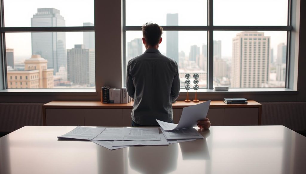 A thoughtful, serene leader stands in a well-lit office, facing a large window overlooking a bustling cityscape. The warm, diffused lighting casts a pensive glow on their face as they review assessment documents spread out on a sleek, modern desk. In the middle ground, a shelf displays various leadership-themed books and awards, hinting at their expertise and accomplishments. The background features a minimalist, sophisticated interior design, creating a sense of professionalism and intentionality. The overall atmosphere conveys a contemplative mood, suggesting a reflective moment of self-evaluation and growth.