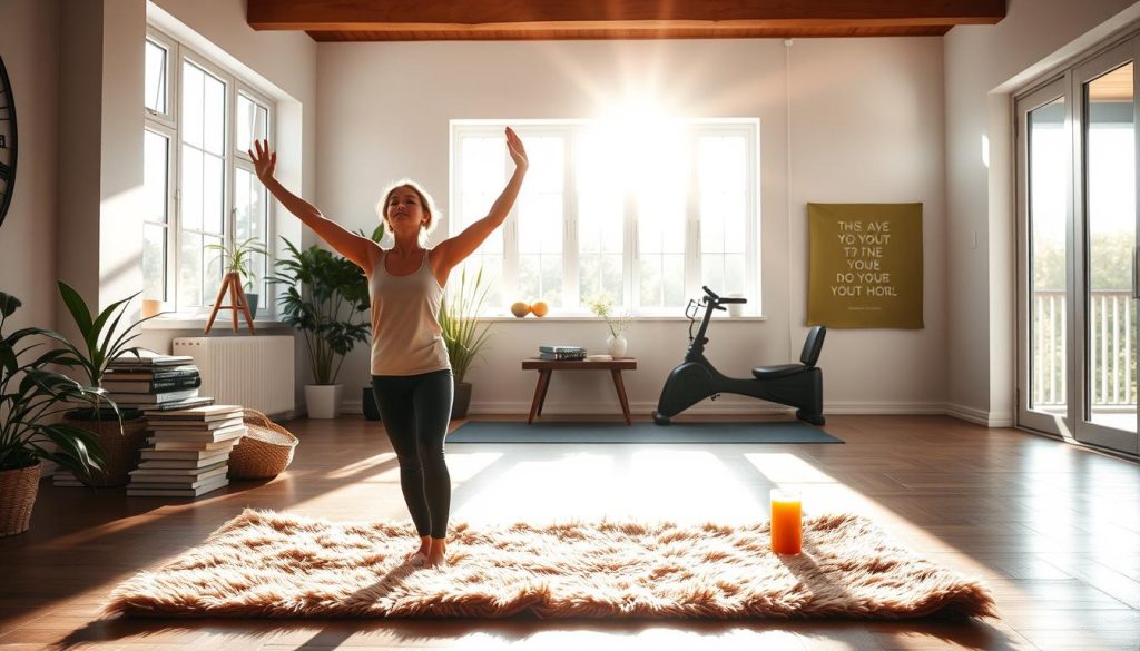 A vibrant, airy room filled with natural light streaming through large windows. In the foreground, a person doing yoga poses on a plush mat, radiating inner calm and physical wellness. In the middle ground, a cozy reading nook with a stack of inspiring books and a glass of fresh juice. The background features a minimalist home gym setup with sleek exercise equipment and motivational wall art. The overall atmosphere evokes a sense of balance, mindfulness, and a commitment to holistic self-care.