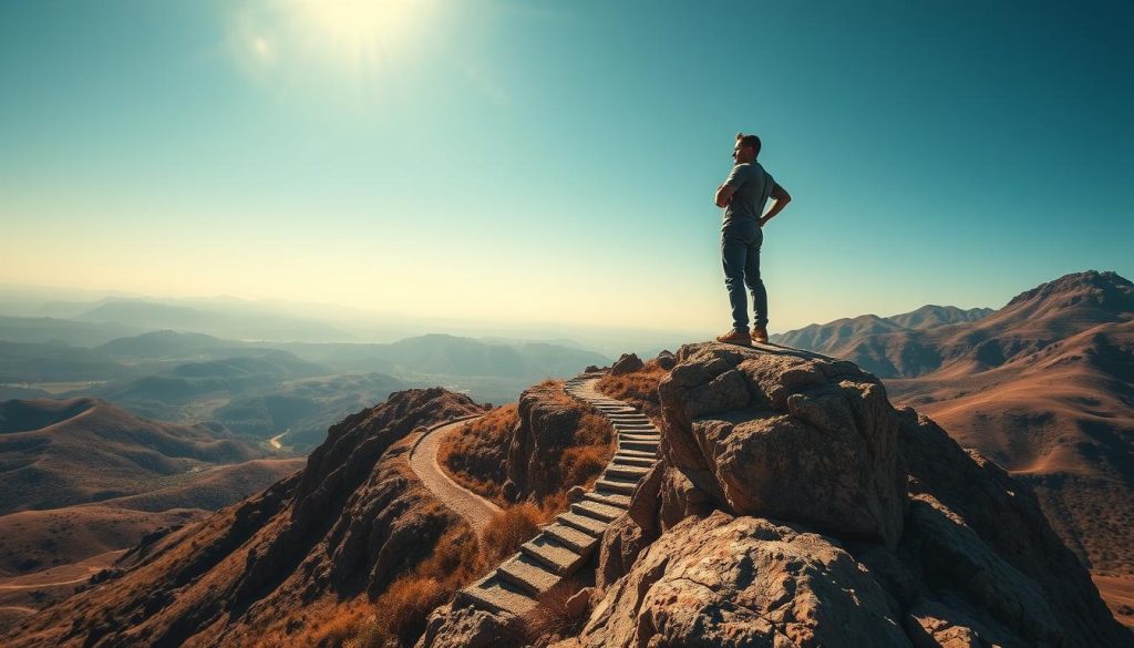 A vibrant, high-resolution image of a person standing confidently on a rocky cliff, gazing out at a vast, sun-drenched landscape. The foreground shows the person's determined expression, their body language radiating a sense of inner strength and resolve. The middle ground depicts a rugged, winding path leading up to the cliff, symbolizing the challenges and obstacles one must overcome to reach success. The background showcases a serene, awe-inspiring vista, with rolling hills, a distant horizon, and a bright, cloudless sky, conveying a sense of limitless possibilities and the achievement of one's goals. The lighting is warm and natural, creating a sense of inspiration and positivity. The overall mood is one of determination, empowerment, and a mindset focused on overcoming adversity to reach new heights.