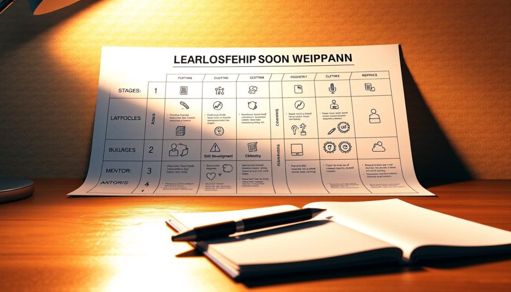 A well-designed leadership development plan, depicted as a blueprint or schematic, with clear stages, milestones, and actionable steps. The plan is laid out on a wooden desk, illuminated by warm, directional lighting that casts dynamic shadows, creating a focused, thoughtful atmosphere. In the foreground, a pen and notebook suggest the plan is a work in progress, ready to be refined. The middle ground features various icons and infographic elements that visually communicate the key components of the plan, such as self-assessment, goal-setting, skill development, and mentorship. The background features a muted, textured wallpaper or backdrop, providing a sense of depth and professionalism.