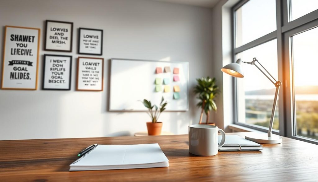 A well-lit, high-resolution image depicting a serene, minimalist workspace with various goal-setting tools. In the foreground, a wooden desk holds a blank notebook, a pen, and a stylish coffee mug. Behind it, on the wall, hang a series of framed motivational quotes and a whiteboard with colorful sticky notes. The middle ground features a potted plant and a sleek, modern desk lamp casting a warm glow. The background showcases a large window overlooking a tranquil outdoor scene, bathed in natural light. The overall atmosphere is one of focus, productivity, and a sense of intentionality, capturing the essence of "Proven Success Coaching Tips for Rapid Growth."