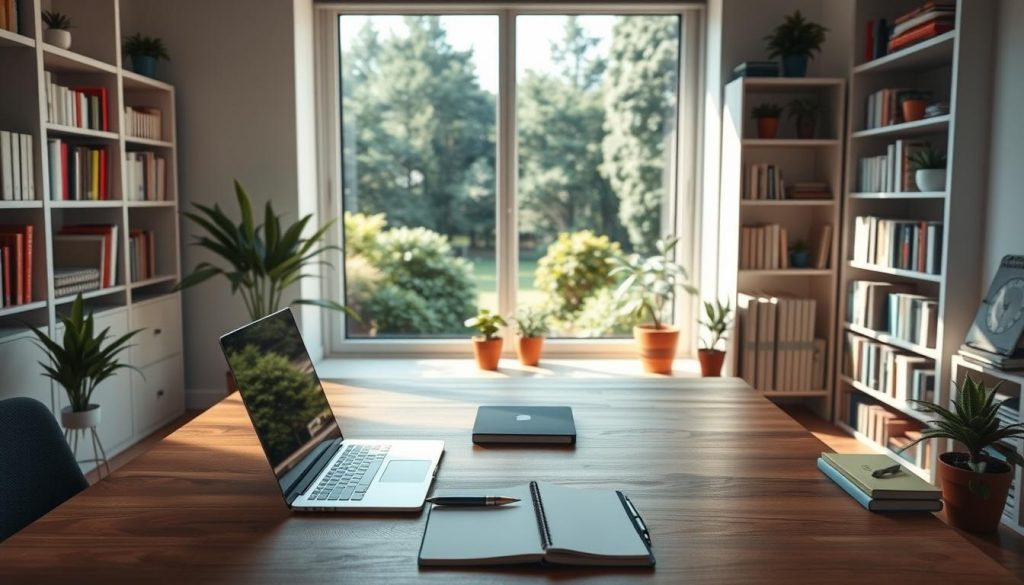 Productivity Habits: A photorealistic image of a minimalist, well-organized home office setup. In the foreground, a wooden desk with a laptop, pen, and a clean notebook. In the middle ground, a large window overlooking a tranquil garden, casting soft, natural lighting throughout the space. In the background, several bookshelves filled with neatly arranged books and potted plants, conveying a sense of focus and efficiency. The overall atmosphere is calm, serene, and conducive to deep work and concentration.
