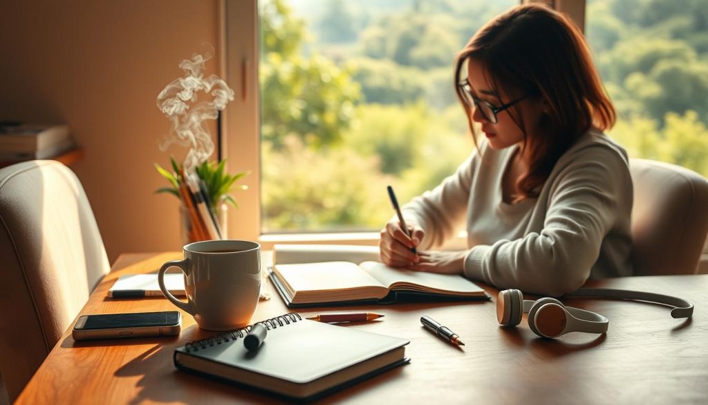 Prompt A vibrant scene of a daily habits routine for success, captured in a warm, natural lighting. In the foreground, a person sitting at a desk, focused on writing in a journal, a cup of coffee steaming beside them. In the middle ground, various productivity tools like a planner, a smartphone, and a pair of headphones, neatly arranged. The background showcases a window overlooking a lush, verdant landscape, instilling a sense of tranquility and inspiration. The composition is balanced, with a clean, minimalist aesthetic that emphasizes the importance of simplicity and intentionality in cultivating daily habits for personal growth.