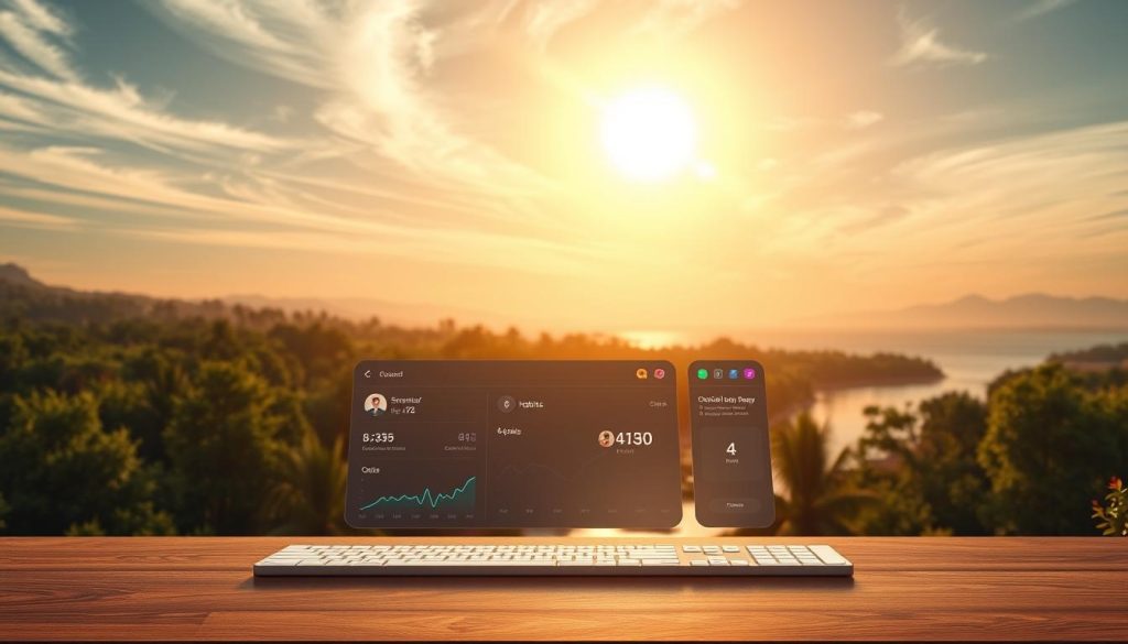 a highly detailed and photorealistic image of a personal growth system, with a warm, inspirational and empowering atmosphere. The foreground features a sleek, minimalist dashboard with intuitive widgets and visualizations tracking various aspects of personal growth, such as habits, goals, and progress. The middle ground showcases a serene, nature-inspired setting with lush greenery, a flowing river, and a peaceful lakeside. The background depicts a vibrant, sun-drenched sky with wispy clouds, casting a soft, golden glow over the entire scene. The overall composition conveys a sense of balance, harmony, and the transformative power of a well-designed personal growth system.